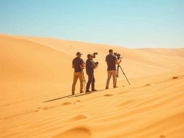 壮大な砂丘を背景に映画撮影クルーがビデオを撮影している
